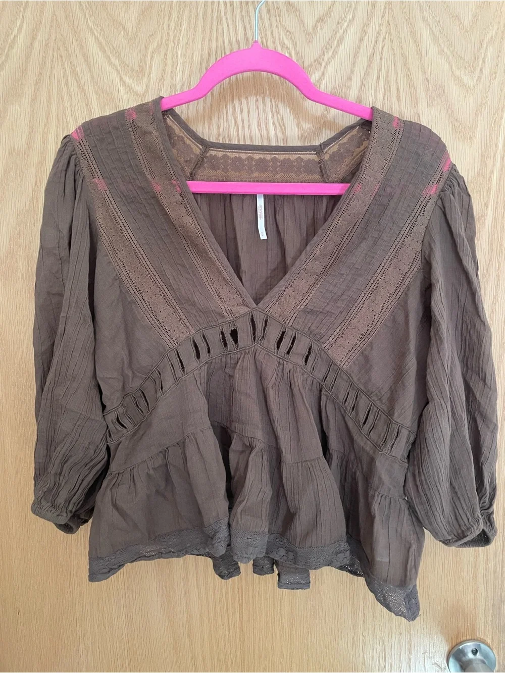 Free People Brown Boho V-Neck Tunic with Lace Trim